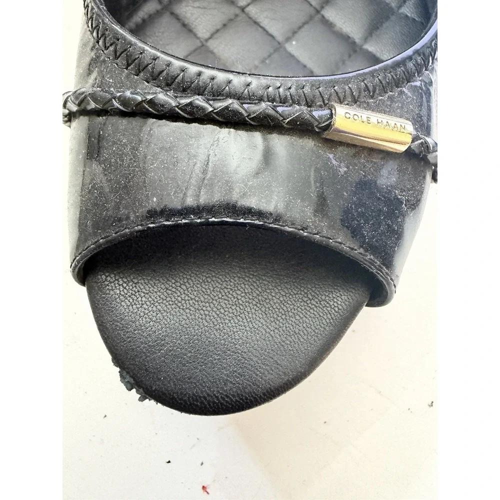 Cole Haan Black Patent Leather Air Tali Peep Toe Wedge Pumps Gold Hardware